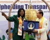 Prof. Ada Okika, Senior Advisor to the Permanent Observer Mission of the Pan African Intergovernmental Agency for Water and Sanitation for Africa to the United Nations, receives the FOWPAL Peace Bell Award from Dr. Hong.