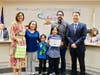 Kind and Caring! Quail Summit Elementary stellar fifth grader Noah Ruelas receives the Super Star Student Award during the April 20 Board Meeting.  