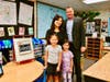 Caring Community! Supt. Dr. Robert Taylor, shown with Evergreen kindergarten teacher Susan Chang, and last year’s students Melanie Kim, Alais Matheny who recalled caring for baby chicks in a staff welcome video. 
