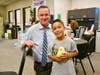 Community of Care! Evergreen Elementary student Eziel Dagnino meets with Superintendent Taylor and receives keepsake chick. 