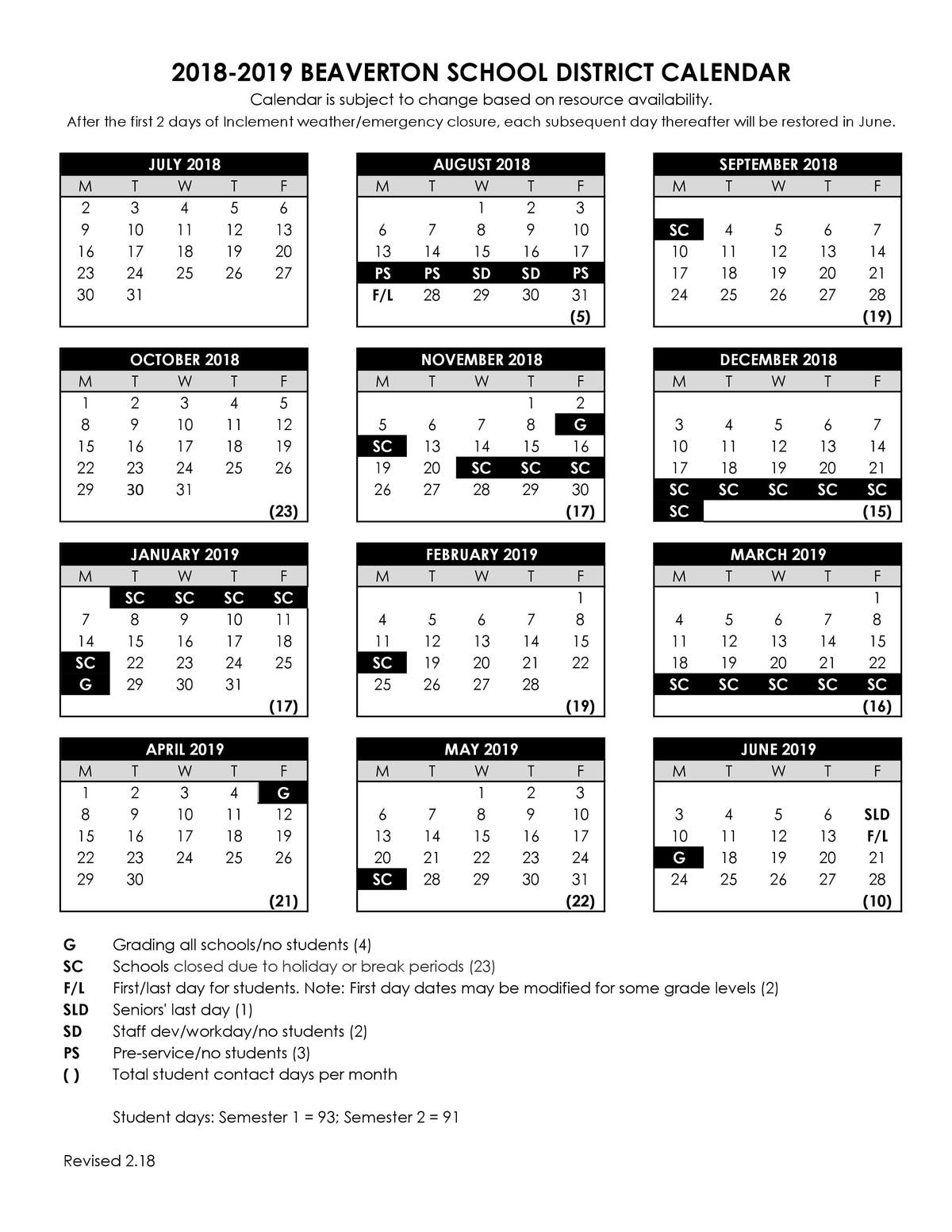 2018 Beaverton School District Calendar - Beaverton, OR Patch