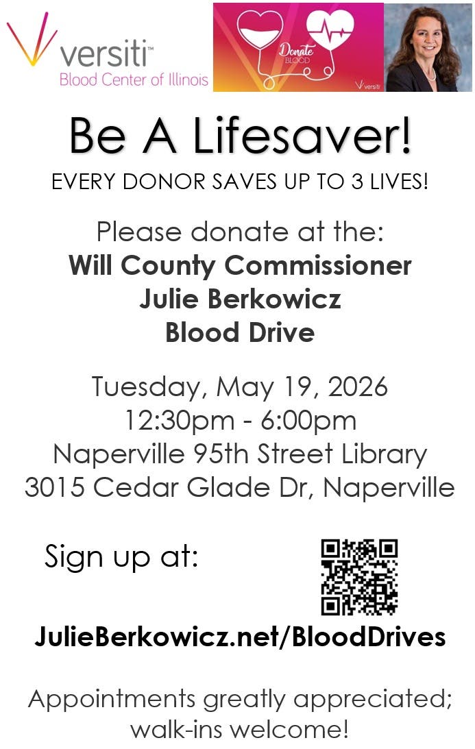 Will County Commissioner Julie Berkowicz Blood Drive