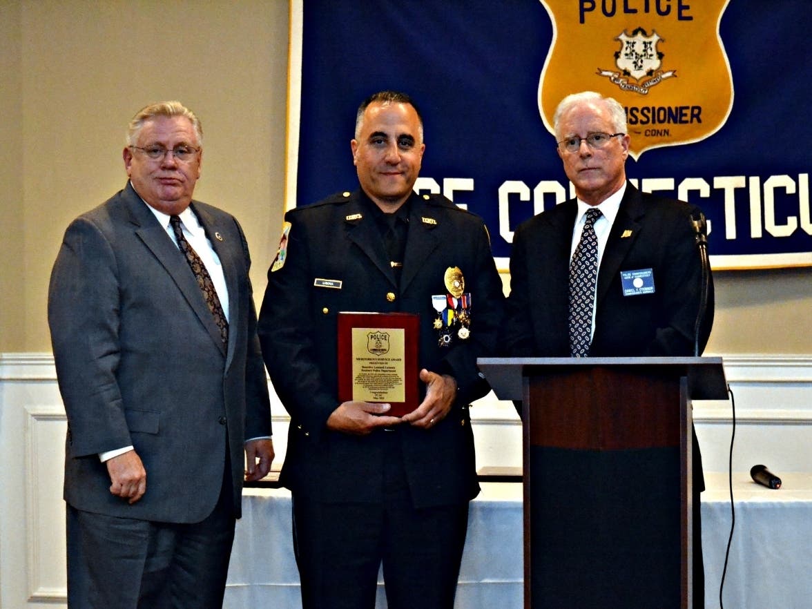 (l. to r.) Danbury PD Deputy Chief Shaun McColgan, Detective Leonard LaBonia, PCAC 2nd Vice President Dan O'Connor
