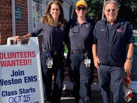 Weston EMS volunteers Adria Belport, Michelle Halpin, and Weston Volunteer EMS President Jon Weingarten are looking for new volunteers to fill their ranks.