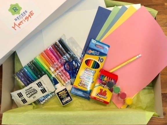 The Recess Playworks art boxes are delivered to the child's home at the beginning of the week, so the students can all create, online, together.