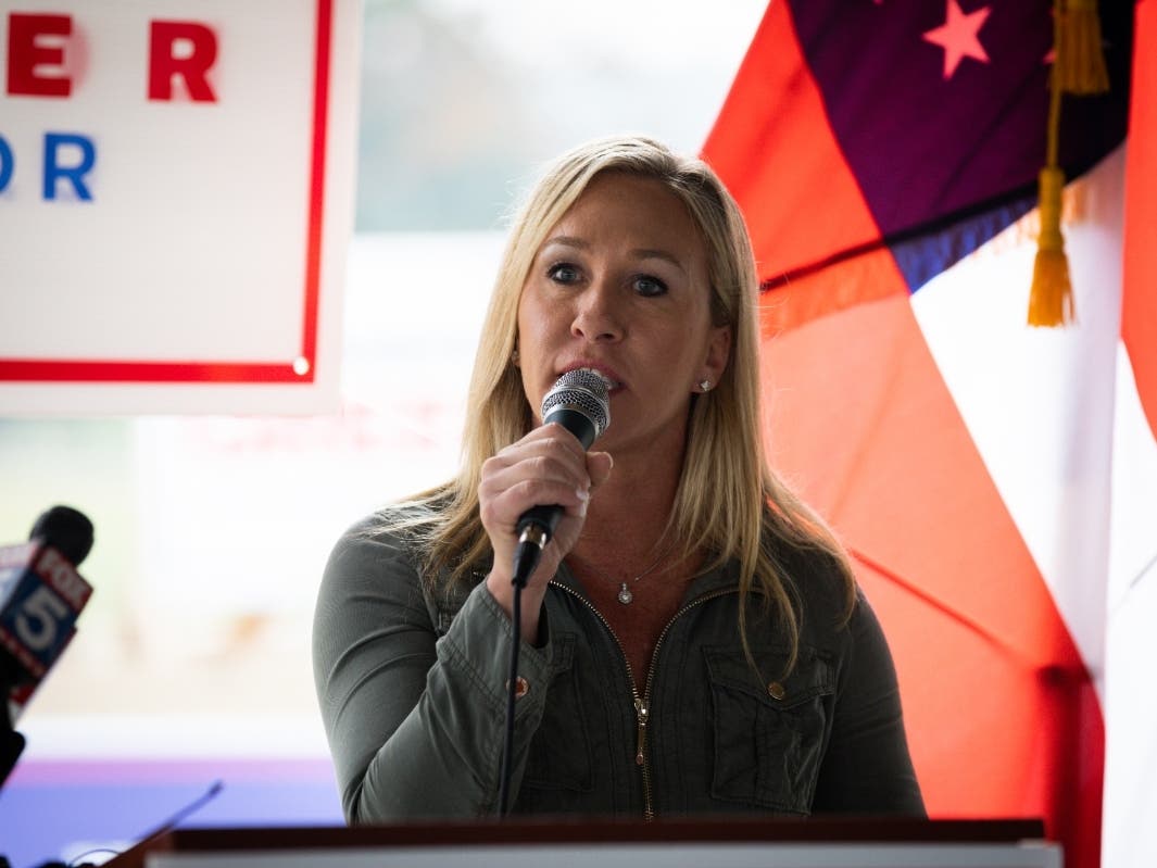 OCTOBER 15: Georgia Republican House candidate Marjorie Taylor Greene endorses Sen. Kelly Loeffler (R-GA) during a press conference on October 15, 2020 in Dallas.