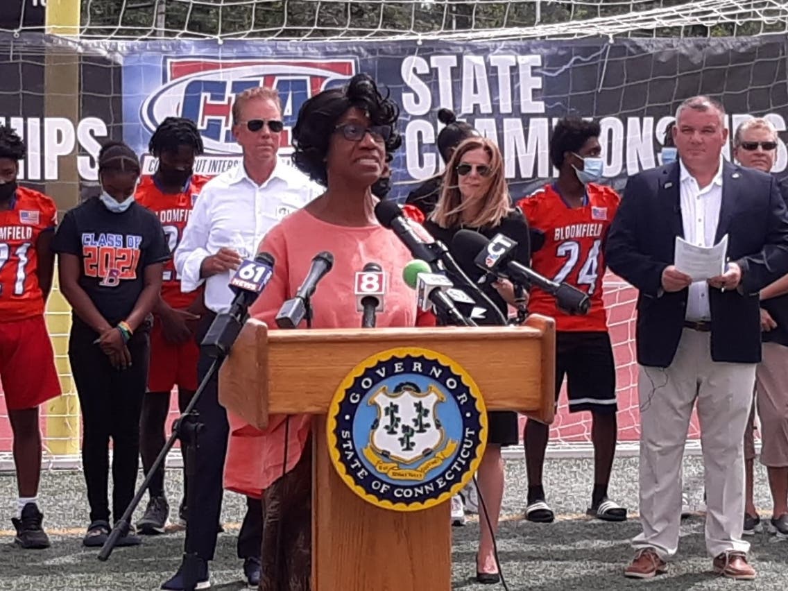 Connecticut State Department of Education commissioner-designate Charlene Russell-Tucker, speaking at Willow Brook Park in New Britain.