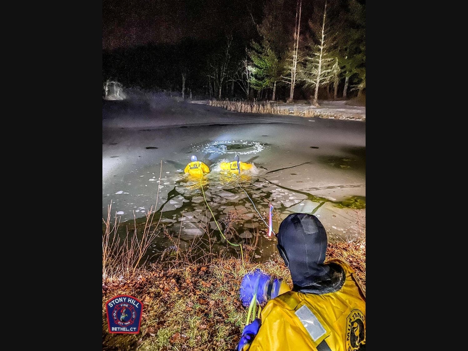 At 10:30, members of Bethel Fire & EMS and Stony Hill Volunteer Fire Company received word of a dog that had fallen through the ice at a private pond on Walnut Hill Road​.