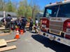 After being trapped for approximately two-and-a-half hours, the worker was air lifted to Yale New Haven Hospital.