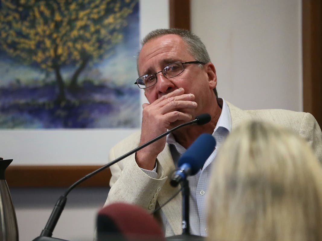 Neil Heslin, father of 6-year-old Sandy Hook shooting victim Jesse Lewis, becomes emotional during his testimony during the trial for Alex Jones, at the Travis County Courthouse in Austin, TX.