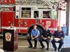 First Selectwoman Toni Boucher speaking at swearing in ceremony (from L-R, Timothy LeStrange, Fire Chief Jim Blanchfield, Deputy Fire Chief John Plofkin Jr.)