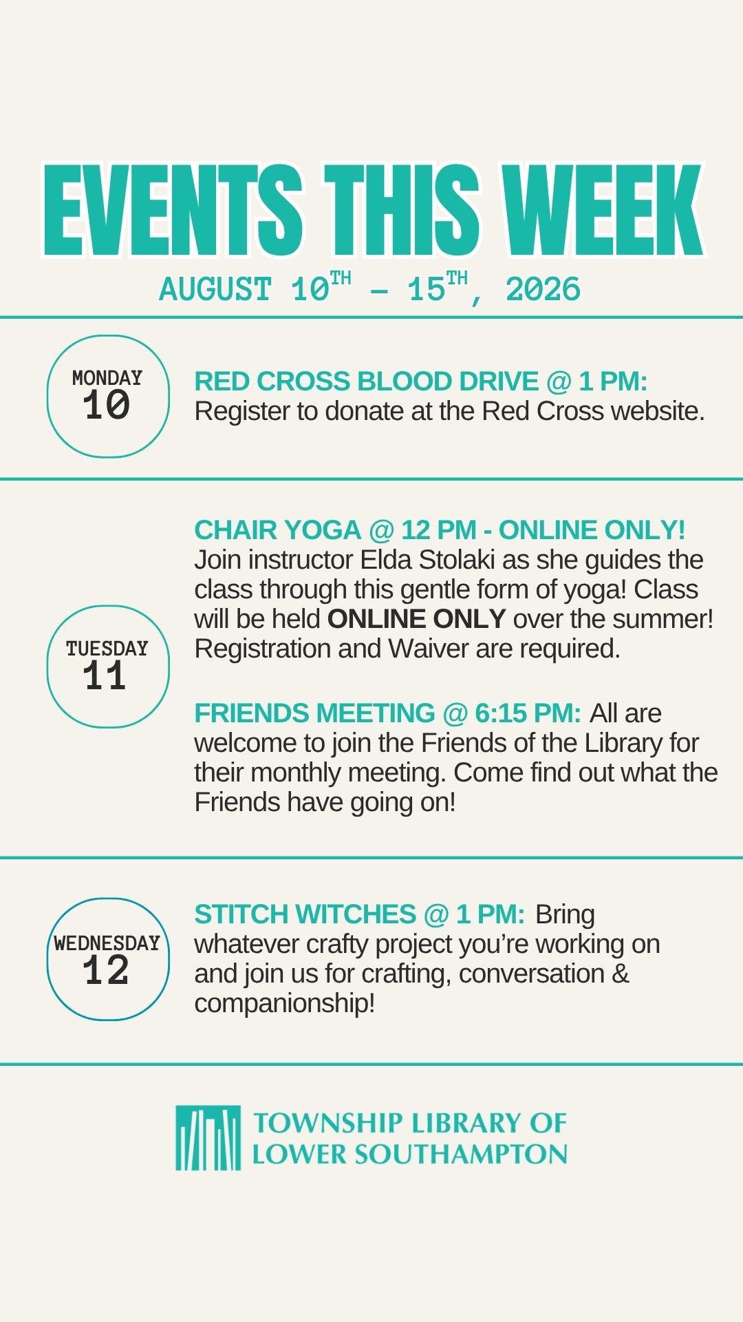 This Week's Adult Programs at the Feasterville Library...