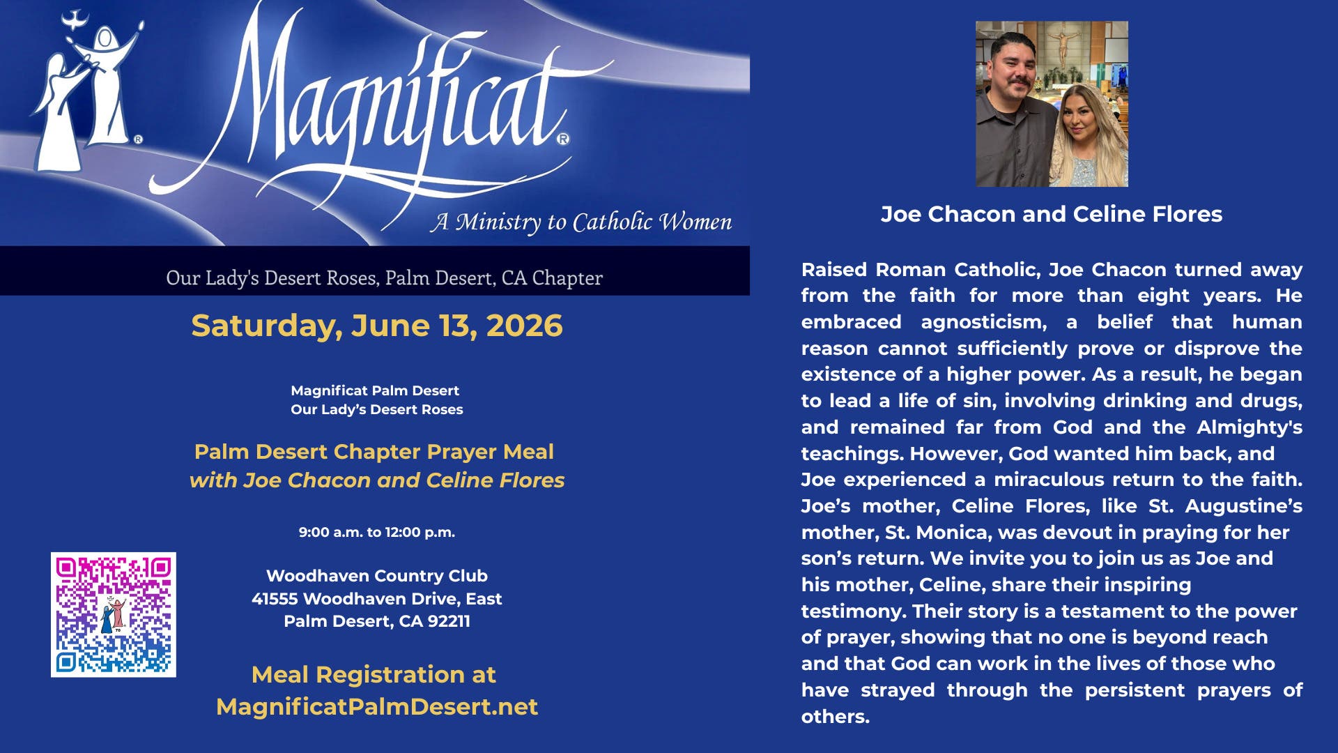 Magnificat Prayer Meal with Guest Speakers Joe Chacon and Celine