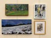 Rafael Dilauro, Red Corn Crib, North Guilford, oil painting; Scott Paterson, We’re Here, Barcelona, oil painting; Denise Casey: Wisconsin Cornfield, November, acrylic painting; Elizabeth Hundt Scott, Busting Out, watercolor painting.