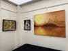 Eileen Clark, Suspended Geometry, mixed media; Sharon R. Morgio, Royal, mixed media; Philp Backus, Sunshine, oil painting.