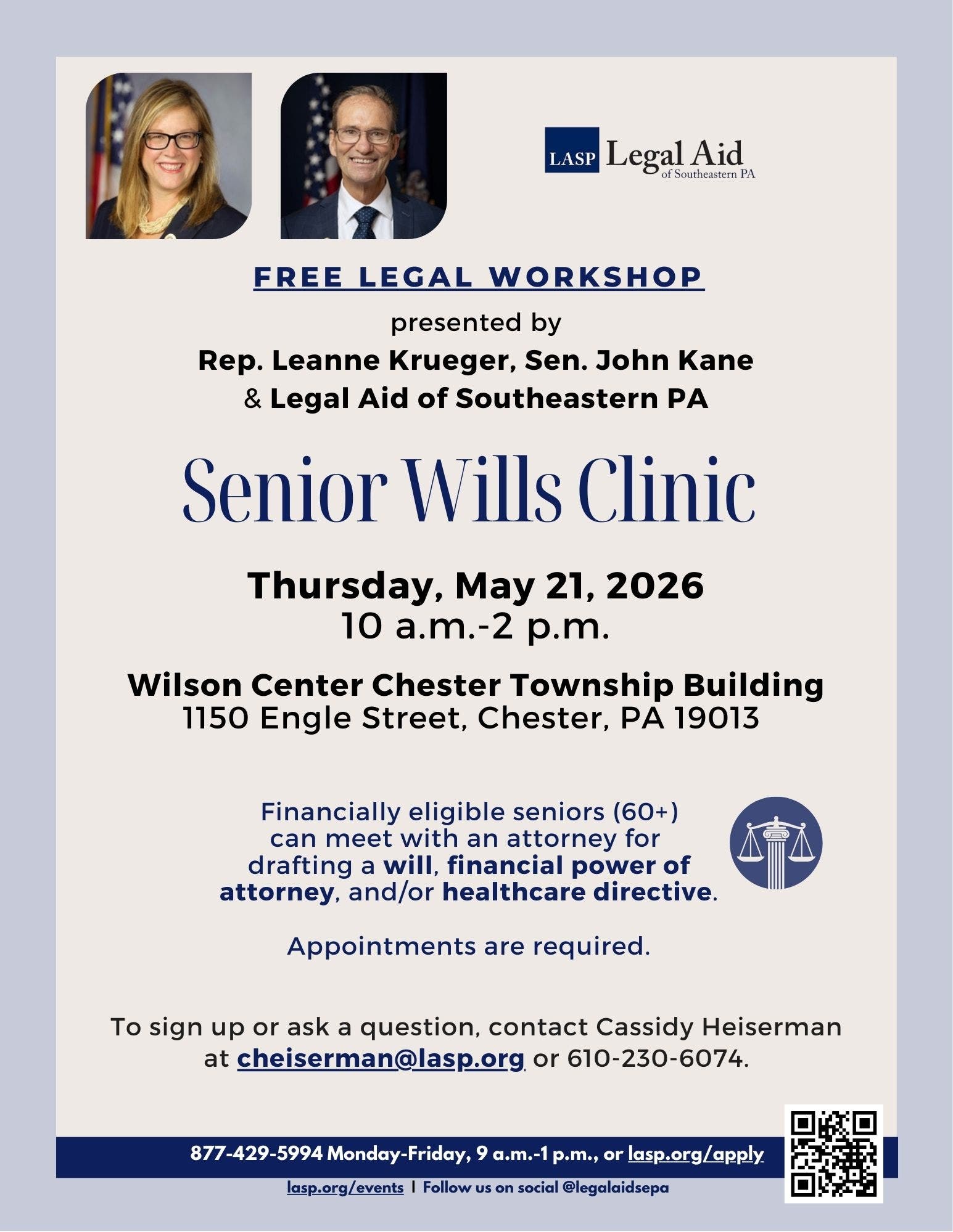 Free Senior Wills Clinic in Chester, with Legal Aid, Rep. Krueger & Sen. Kane