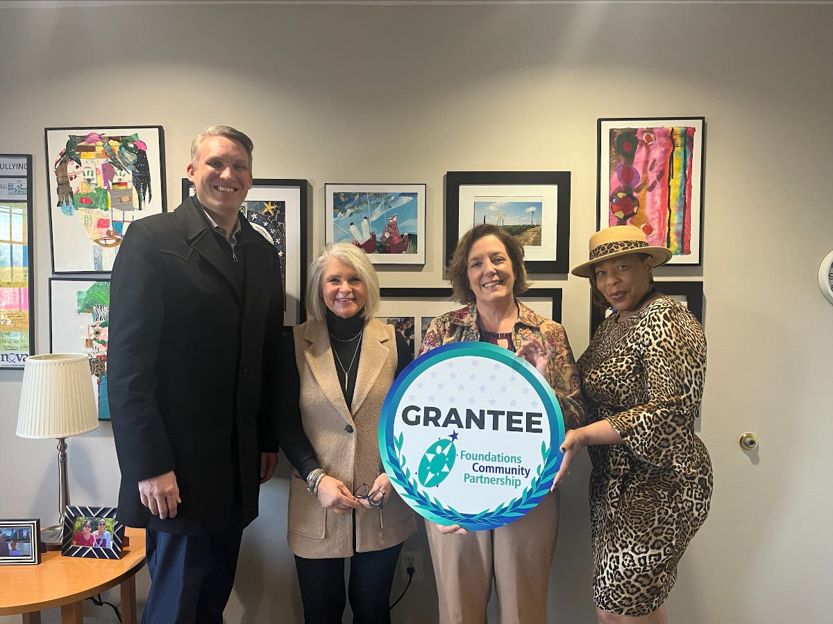 Dr. Tobi Bruhn, Executive Dir, Foundations Community Partnership, came NOVA’s headquarters to present a $10,000 check to (L to R) Mary Worthington, Dir of Prevention & Training; Michelle Cash, Dir of Development, & Melany Nelson, Dir of Forensic Services.