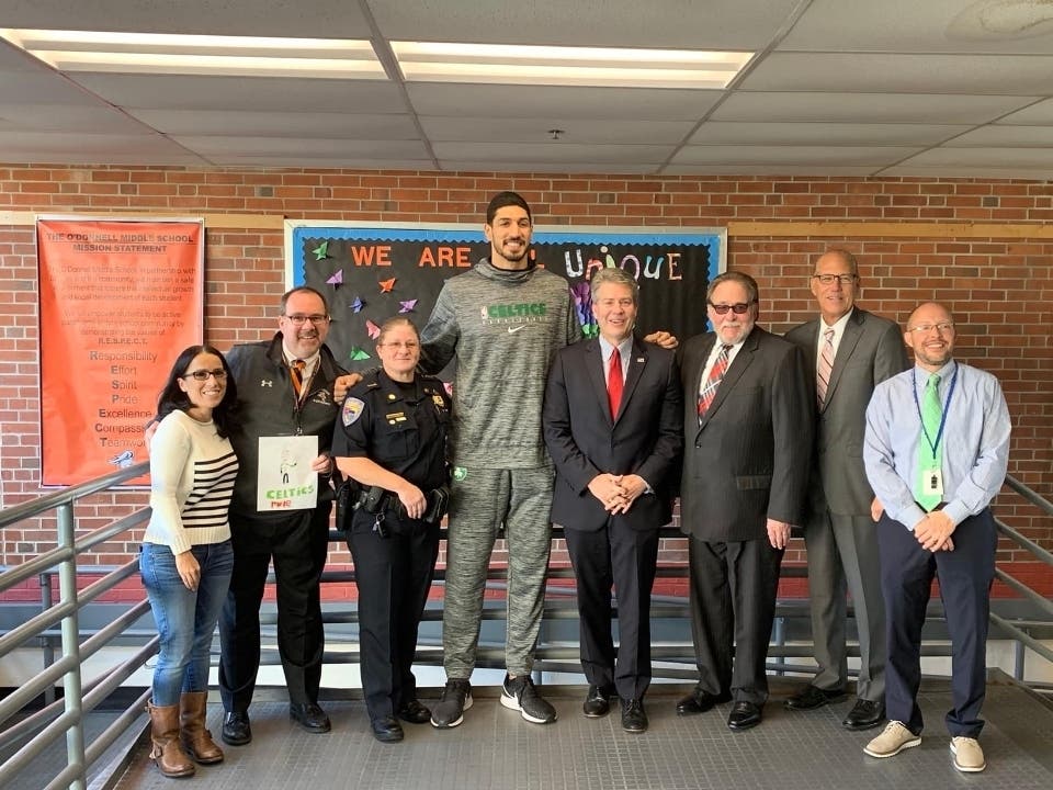 Boston Celtics center Enes Kanter visited O'Donnell Middle School in Stoughton and  talked to the students about the importance of standing up for human rights.