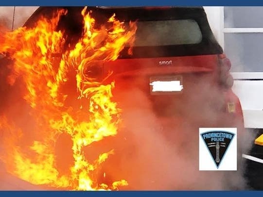 An electric car burst into flames at the CVS Pharmacy parking lot off Upper Standish Street, fire officials said. Police said the first started shortly after 11 a.m. Thursday.