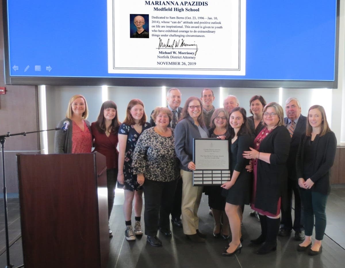 Medfield school officials, Marianna Apazidis' family and friends and Sam Berns family presented Apazidis with the "Sam Berns Courage in Leadership Award at Gillette Stadium Nov. 26.