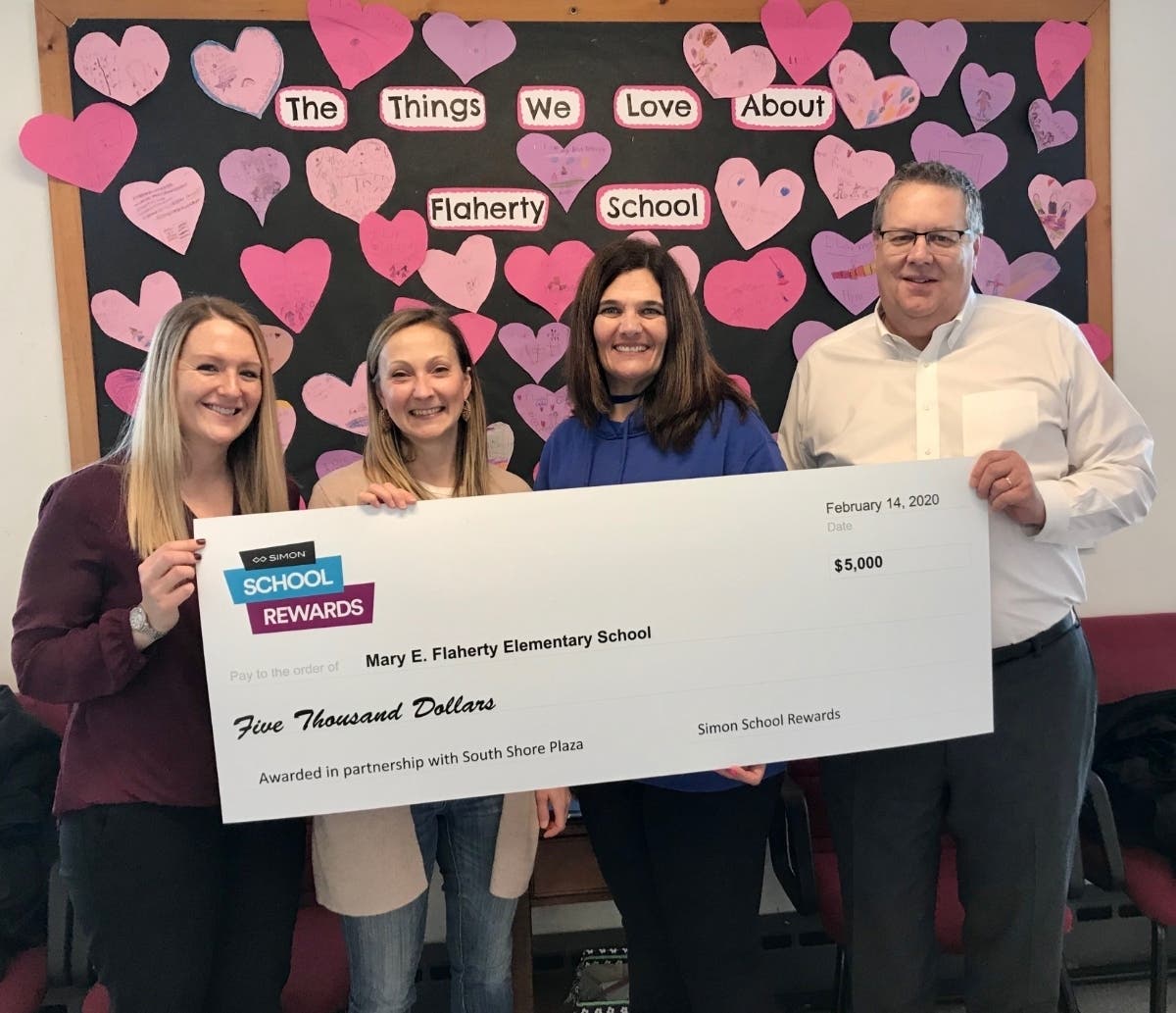 The South Shore Plaza donated $5,000 to Flaherty Elementary School in Braintree as part of its Simon School rewards program.