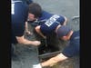 Firefighters removed the storm drain cover with the help of Assistant Highway Superintendent Mike Souza.
