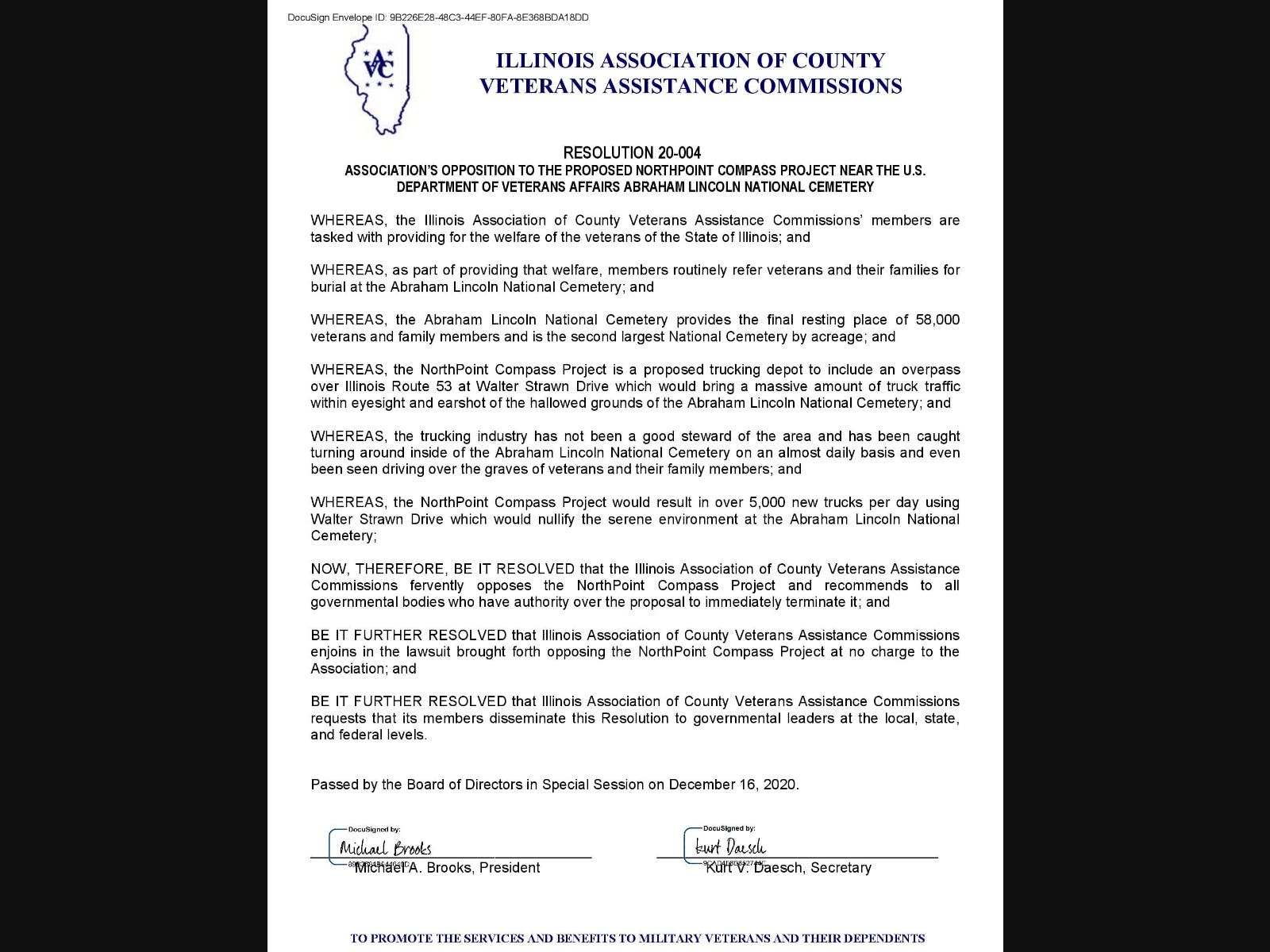 The Illinois Association of County Veterans Assistance Commissions passed a sweeping resolution "fervently" opposing NorthPoint and join the Stop NorthPoint lawsuit.