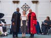 Red Knot Award recipient Serafina Lopez of Washington, NJ, is congratulated by Vice President for Academic Affairs Thomas Jordan, Ph.D., left, and Centenary University President John R. Schol, D.Min.