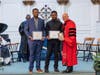 From left, Jacoby Stewart of Milwaukee, WI, and Jordan Henderson of Irvington, accept Leadership Awards on behalf of Omega Rho Fraternity from Centenary University President John R. Schol, D.Min.