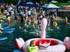 Kids' Splash swimmers swam a short distance from the beach to a giant inflated flamingo during the 19th annual Swim Across America - Fairfield County open water swim which raises funds for cancer research.