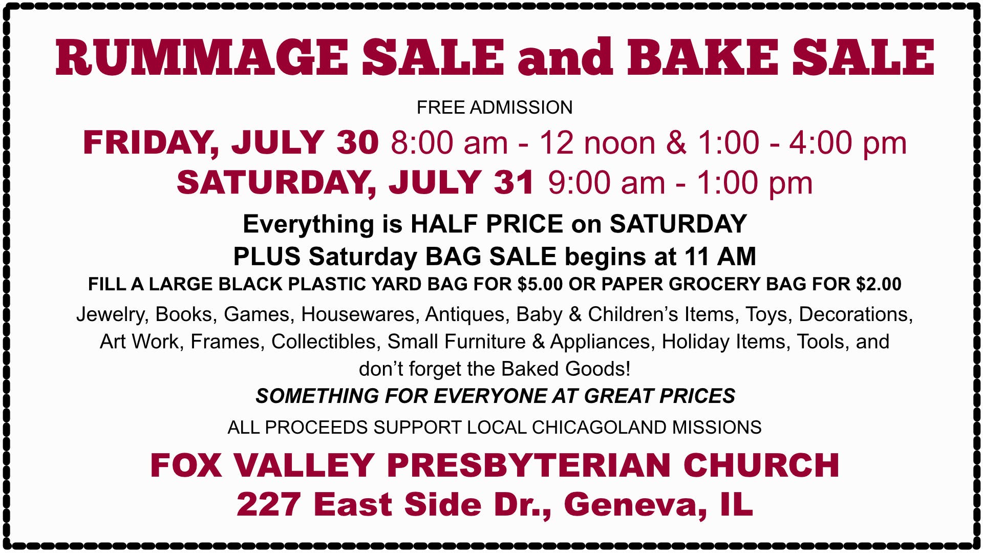 Jul 31 | Fox Valley Presbyterian Church Rummage Sale | Geneva, IL Patch