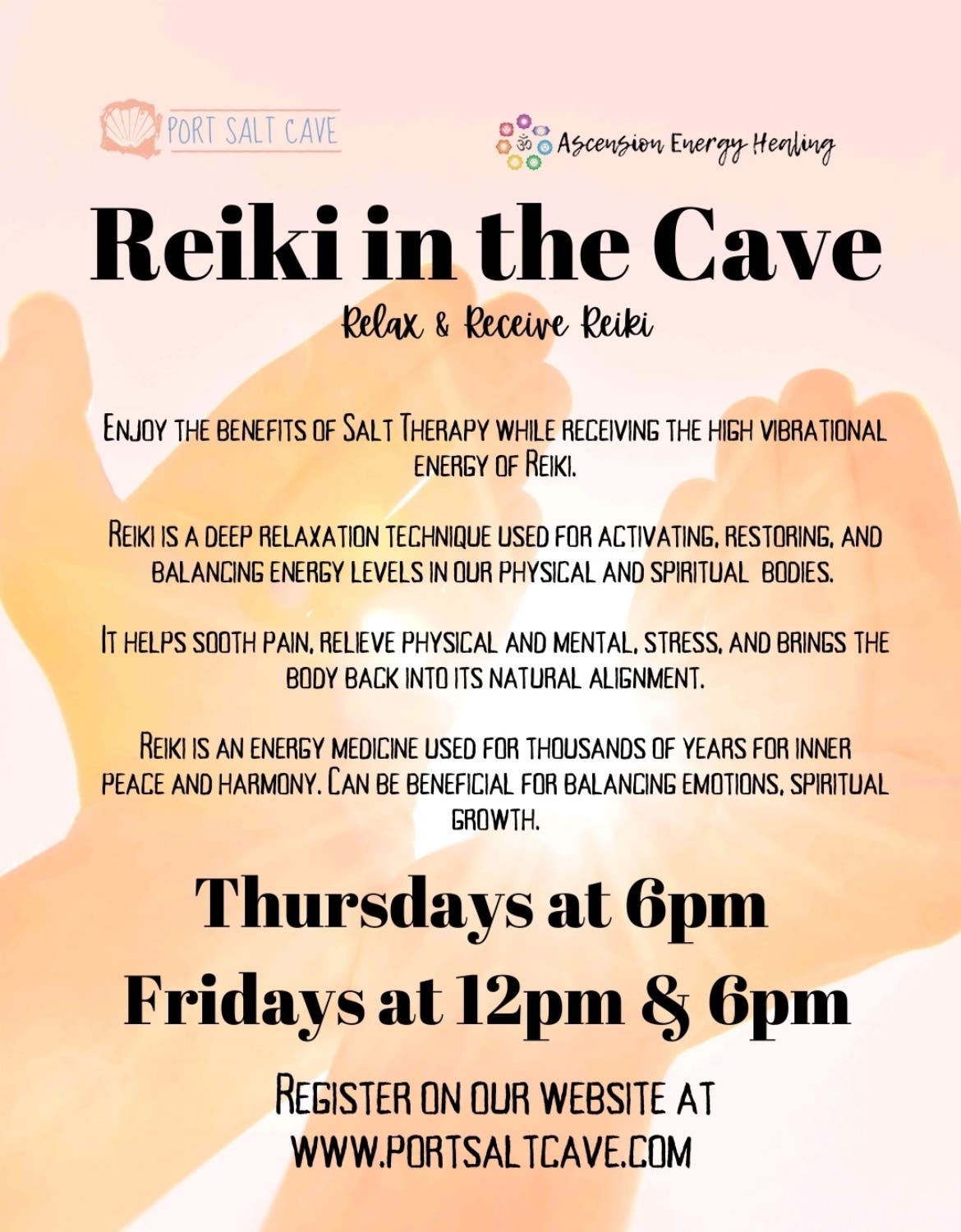 Reiki Thursdays 6pm, Friday 12pm & 6pm