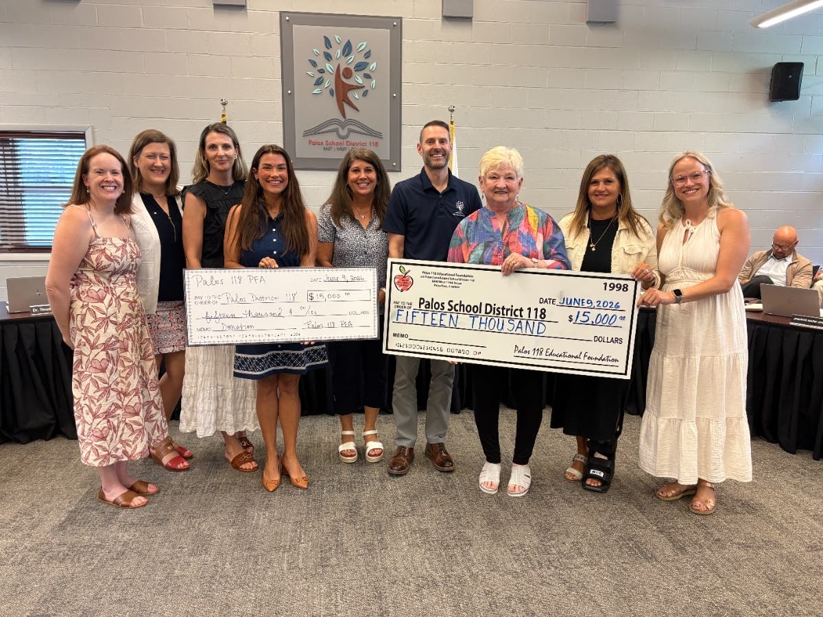 The Palos 118 Foundation and Parent Faculty Association (PFA) each presented checks totaling $30,000 to Palos School District 118 in June.