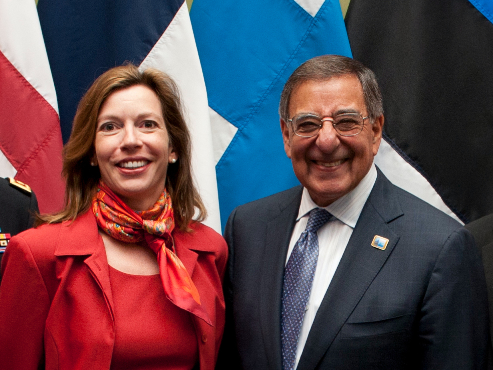 Democratic congressional candidate Evelyn Farkas and Leon Panetta, former Secretary of Defense and White House Chief of Staff 