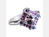 Regina Ring by Cecile Raley Designs. Featuring Burmese Asscher-cut spinel, lavender and pink sapphires, set in 14K. white gold