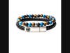 Men's Stackable Bracelets: Consists of Black Leather with Brushed Steel Clasp Bar Bracelet 8-inch-long; Matte Black Agate, Blue Coral, Tiger Eye, Stainless Steel Beaded Stretch Bracelet. 8 inch long.