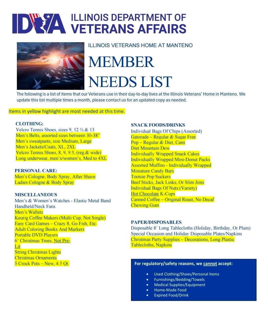 Manteno Veterans Home Needs Donations - Drop Off in Joliet or New Lenox Until October 26, 2026