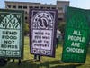 Banners held by protesters outside the Christians United for Israel (CUFI) summit. National Harbor, MD. July 29, 2024. Rev. Graylan Scott Hagler described how this neighborhood was a Black community before being razed. It's now a playground for the rich. 