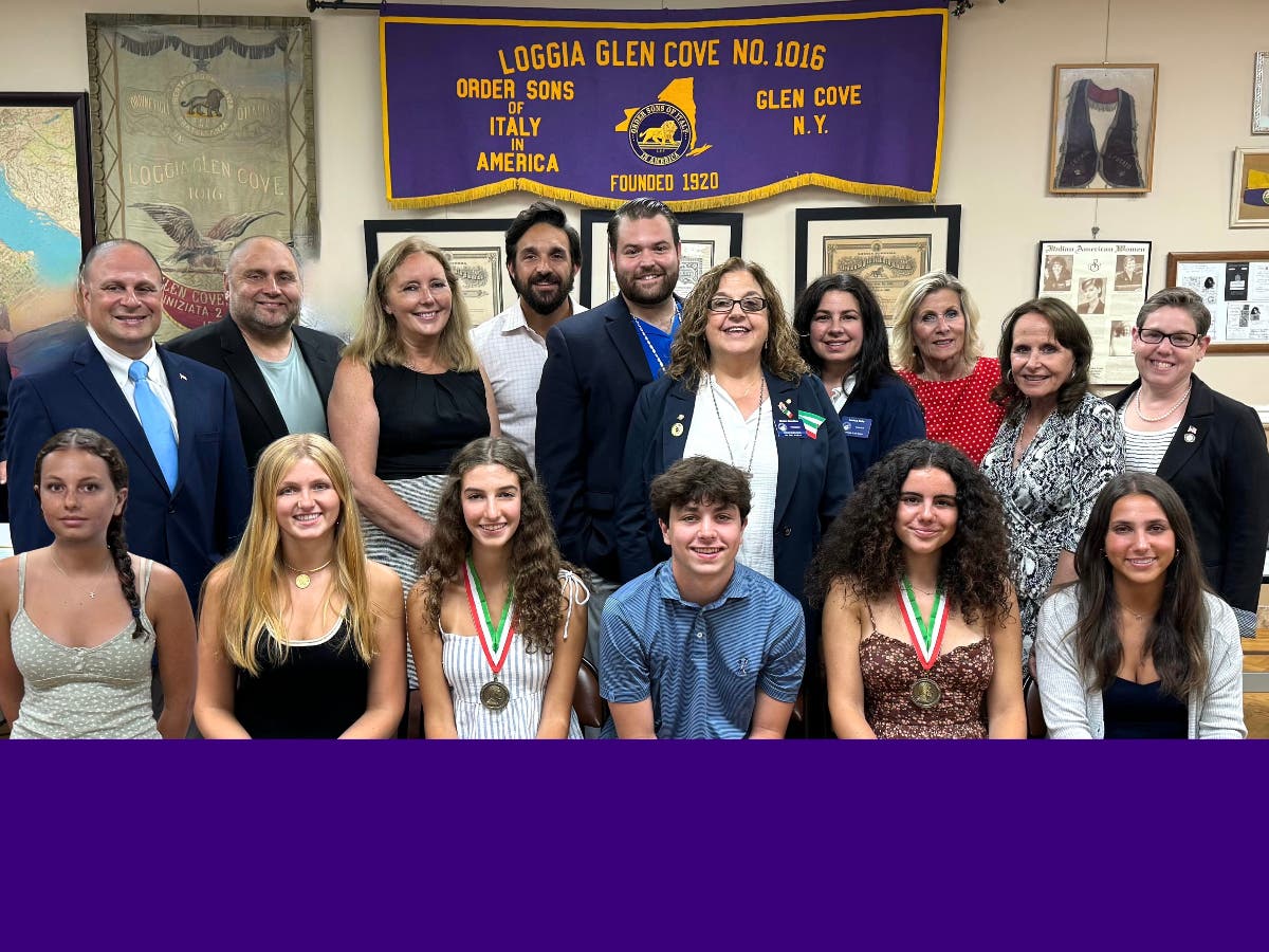 Scholarship recipients, executive officers, elected officials, and scholarship committee co-chairs gather for a photo following the 2024 Scholarship Night at Loggia Glen Cove.