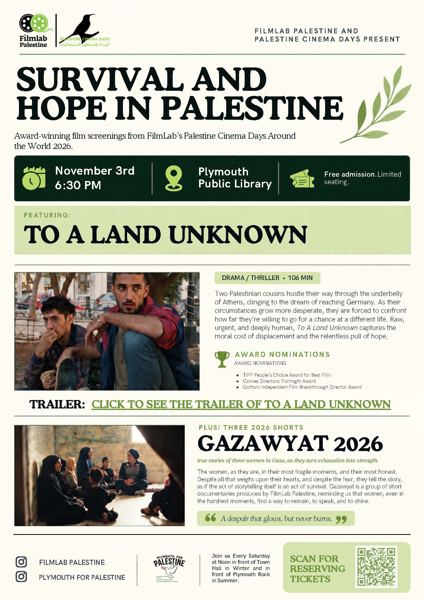 Free Screening from Palestine Filmlab: To a Land Unknown plus Shorts