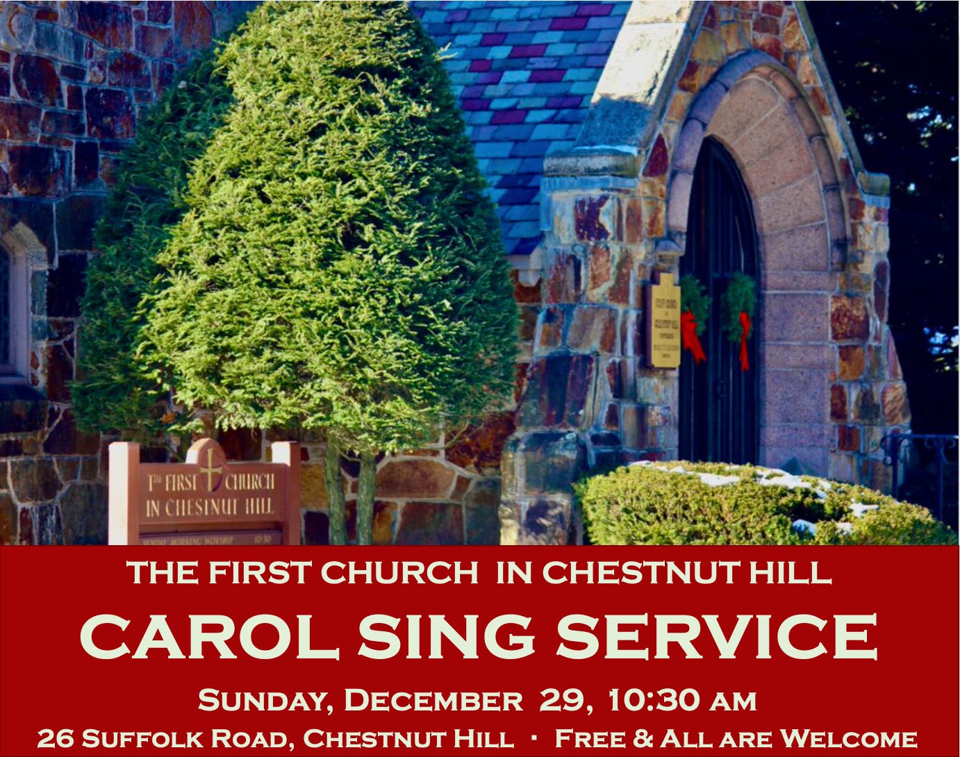 Christmas Carol Sing at The First Church in Chestnut Hill, December 29