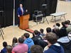 Harford County Executive Bob Cassilly speaks to the students at the start of the Building Tomorrow Manufacturing and Trades Showcase on Thursday, October 30, 2025, at the APGFCU Arena at Harford Community College.