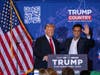Trump campaigns with former candidate Vivek Ramaswamy in Atkinson, NH. Ramaswamy left the race and endorsed the former president ahead of the crucial NH primary.