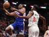 Tyrese Maxey (76ers) takes a nice lay-up in the third quarter of their divisional Play-in Wednesday.