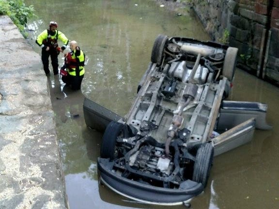 Two people were rescued from a car that overturned in the Chesapeake and Ohio Canal Wednesday morning.