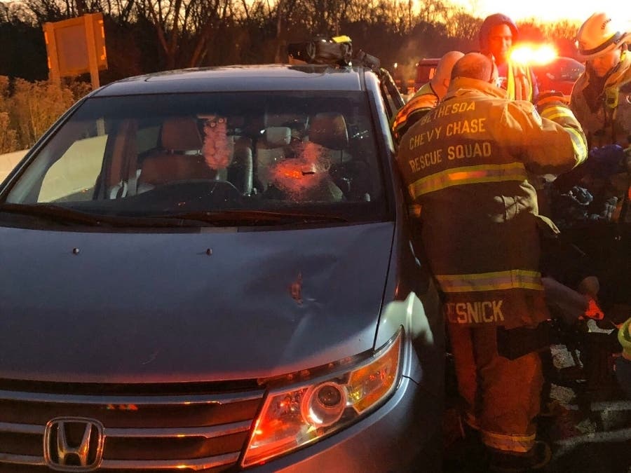A woman driving along the Capital Beltway's Outer Loop was nearly impaled by road debris Tuesday morning, authorities said.