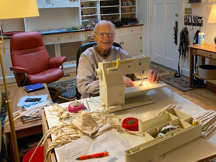 Dan Willkens, an 89-year-old Montgomery County resident, is sewing face masks for hospital workers in Bethesda.