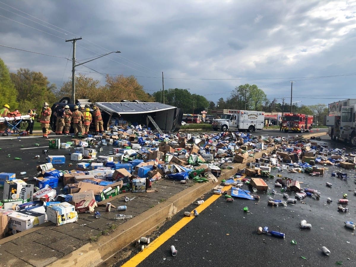 A delivery truck carrying beer overturned in Aspen Hill on Tuesday morning.