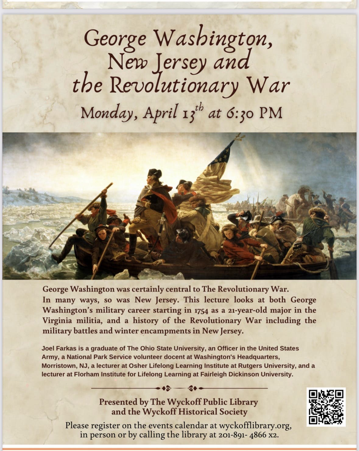 George Washington, New Jersey and be Revolutionary War Monday, April 13h at 6:30 PM