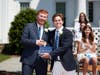New Canaan Country School Head of School Aaron Cooper congratulates Class of 2021 member Ben Byrne of Darien at the school’s June 16 Closing Exercises.

